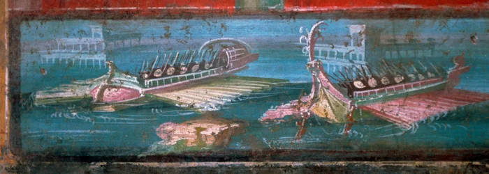 Affresco romano di navi che trasportano soldati
