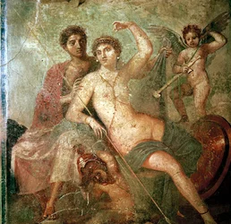 Affresco romano di Cupido, Venere e Marte, Pompei, Italia
