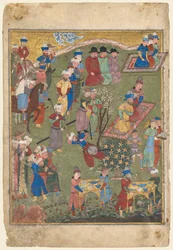 Festa reale in un giardino recto dal frontespizio a doppia pagina di uno Shahnama, 1444