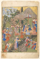 Ricevimento reale in un paesaggio, foglio destro di un frontespizio a doppia pagina, 1444