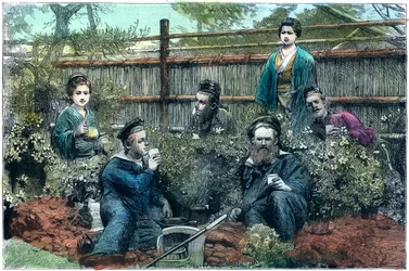 Marinai della HMS Challenger che prendono il tè in una casa da tè vicino a Yokohama, Giappone, 1888