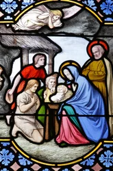 Cattedrale di Saint-Corentin, Quimper vetrata: adorazione dei pastori, Quimper, Francia