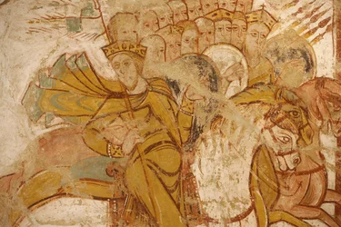 Abbazia di Saint-Savin pittura: re attaccati da Abramo e dai suoi seguaci, Saint-Savin-sur-Gartempe, Francia