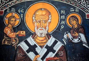 San Nicola circonda Cristo e Maria affresco bizantino del XIV secolo (1332) Nartece, parete sud Chiesa della Vergine Phorbiotissa, Asinou sito UNESCO regione di Troodos, Cipro