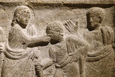 Abbazia di San Vittore, Marsiglia. Dettaglio del sarcofago: Gesù guarisce un cieco. Francia
