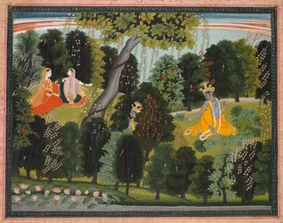 Sakhi persuade Radha a incontrare Krishna, dal Lambagraon Gita Govinda