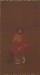 Sakyamuni seduto su tre creature demoniache