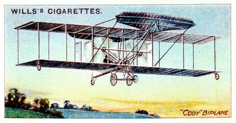 Samuel Franklin Cody, aviatore britannico di origine americana, volando con il biplano Cody, c. 1909
