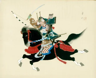 Guerriero samurai a cavallo. Un dipinto giapponese su seta, in stile tradizionale giapponese