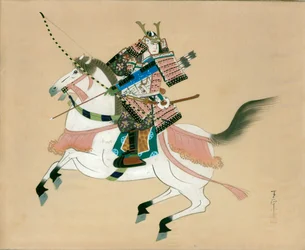 Guerriero samurai a cavallo. Un dipinto giapponese su seta, in stile tradizionale giapponese