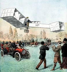Santos-Dumont che effettua il primo volo aereo motorizzato in Europa, Parigi, 1906