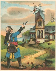 Scena da Le avventure del barone di Münchhausen di Rudolph Erich Raspe, c1850