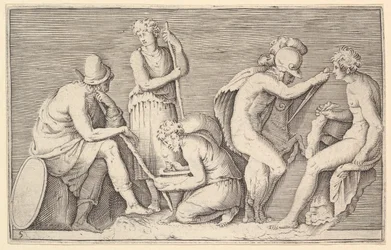 Scena di sacrificio con guerriero che uccide un ariete e altre quattro figure