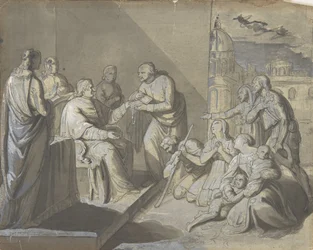 Scena con la presentazione di una reliquia di un santo (recto), Testa di una donna (verso)