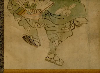 Dipinto montato su rotolo raffigurante una tradizionale coppia comica giapponese conosciuta come manzai (2)