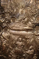Dettaglio della scultura nella chiesa greca di Santa Maria dei Mongoli, Istanbul, Turchia