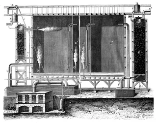 Vista sezionale delle camere di piombo e delle torri di assorbimento di Gay-Lussac, 1870