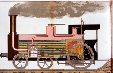 Vista sezionale di una locomotiva ferroviaria a vapore di metà XIX secolo