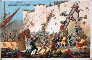Assedio di Parigi da parte dei Normanni, XIX secolo. Litografia a colori. Collezione privata