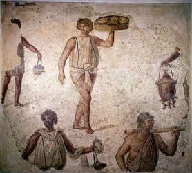 Servi o schiavi che preparano un banchetto, mosaico, Cartagine, II secolo