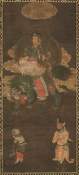 Triade di Shakyamuni: Buddha assistito da Manjushri e Samantabhadra Bodhisattva con Leone, fine 1300