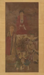 Shakyamuni con luohan, re celeste e ragazzi, inizio XVII secolo