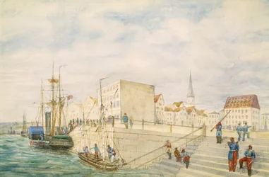 Navi in un porto, parte del panorama da Londra a Hong Kong