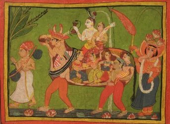 Shiva e Parvati su una mucca composita fatta di donne assemblate