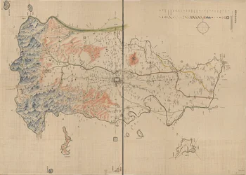 Mostra montagne, fiumi, città, villaggi, mercati, templi e strade nella contea di Anyang, provincia di Henan. Rilievo mostrato pittoricamente. Disponibile anche tramite il sito della Biblioteca del Congresso come immagine raster. Numero di chiamata precede