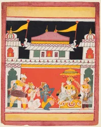 Shri Raga, da una serie di Ragamala, Tre musicisti si esibiscono davanti a un nobile, c. 1650