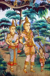 Siddhartha Gautama, sua moglie Yashodhara e suo figlio Rahula. Dipinto che raffigura la storia della vita del Buddha Shakyamuni. Wat Naxai. Vientiane. Laos, 20151106, Vientiane, Laos