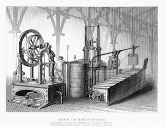 Macchina per la produzione di ghiaccio brevettata da Siebe e Harrison
