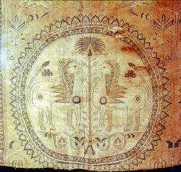 Tessuto di seta con leoni e palme, regione di Buk Kham, Asia centrale, VIII-IX secolo