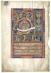 Foglio singolo estratto da un libro del Vangelo con iniziale L[iber generationis]: San Matteo verso, c1190