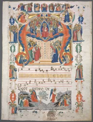 Foglio singolo estratto da un antifonario: Iniziale A[spiciens a longe] con Cristo in Maestà