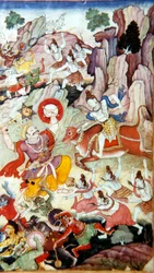 Siva distrugge il demone e Haka, manoscritto Harivamsa, Scuola Mughal, c1590