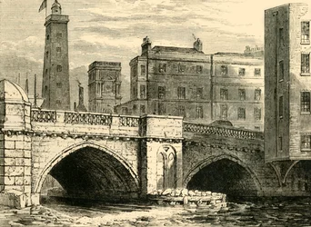 Estremità sud del vecchio ponte di Londra, con la torre di tiro e la chiesa di St. Olaves, nel 1820, c1878