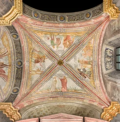 Transetto sud, prima campata est, Giacobbe manda il figlio Giuseppe al pascolo, Complotto dei fratelli per uccidere Giuseppe, Ruben suggerisce di gettarlo nel pozzo, Giuseppe venduto ai mercanti, Cattedrale di Santa Maria Assunta, Duomo, Cremona, Lombardia