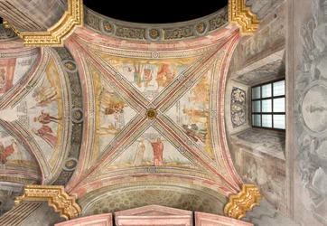 Transetto sud, prima campata est, Giacobbe manda il figlio Giuseppe al pascolo, Complotto dei fratelli per uccidere Giuseppe, Ruben suggerisce di gettarlo nel pozzo, Giuseppe venduto ai mercanti, Cattedrale di Santa Maria Assunta, Duomo, Cremona, Lombardia