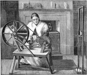Lavoratrice della seta di Spitalfields che avvolge la seta nel suo cottage, Londra, Inghilterra