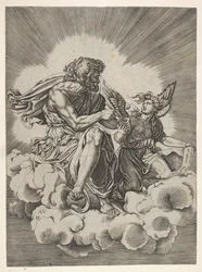 San Matteo, seduto su una nuvola con le gambe incrociate e che intinge una penna in un calamaio, dopo il 1518