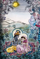 Vetrata nel tempio Iskcon: Krishna e Rada, Londra, Gran Bretagna