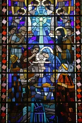 Vetrata nella chiesa cattolica di Notre Dame du Rosaire: scena della Natività, Saint-Ouen, Francia