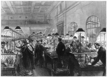 Ufficio di timbratura e smistamento, General Post Office, Londra, 1875