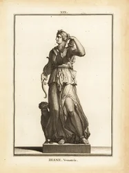 Statua di Diana Venatrix, dea romana della caccia, con arco, freccia e faretra