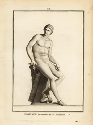 Statua del dio romano Apollo, inventore della musica, seduto nudo