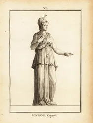 Statua della dea romana della saggezza Minerva Ergane (Minerva Operaia), con elmo e serpente