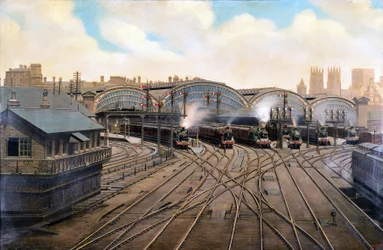 Locomotive a vapore alla stazione di York, Yorkshire, c 1910