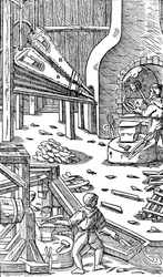 Produzione di acciaio: una forgia con mantici per produrre tiraggio, 1556