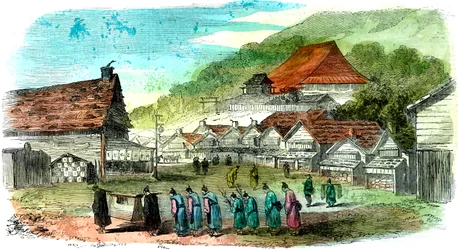 Strada a Hakodate e corteo funebre, Giappone, 1856